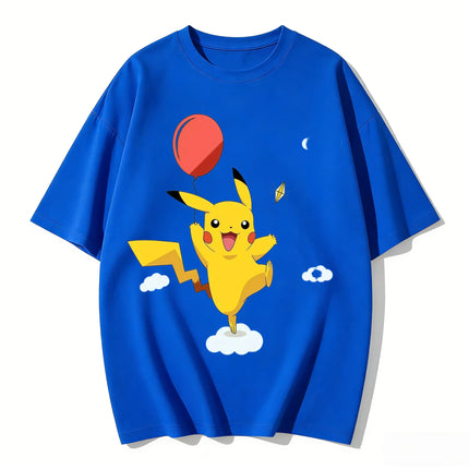 2026 New Cute Pikachu Balloon Print T Shirt Unisex Loose Casual Tee Men Women Kids Family Matching Short Sleeve Tops Streetwear