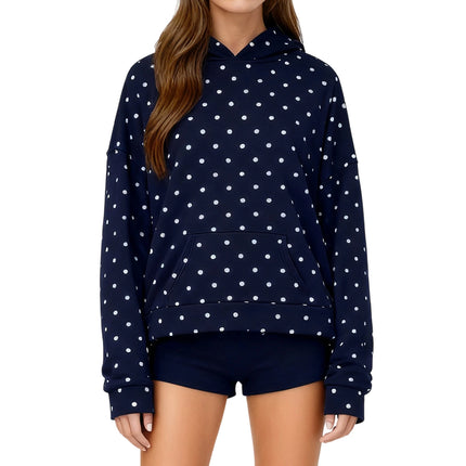 Lamuusaa y2k Women Sweatshirt with Front Pocket Polka Dot Print Long Sleeve Hooded Pullover Hoodies 2000s Clothing Streetwear