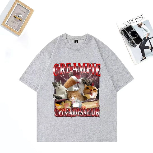 Funny for Creampie Connoisseur Meme Graphics T Shirt Woman Short Sleeve Vintage Street Hip Hop Loose T-shirts