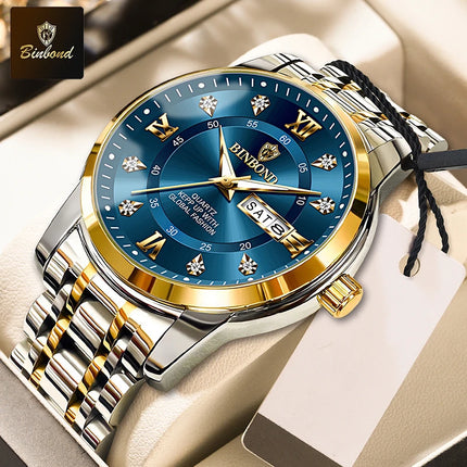 BINBOND Stainless Steel Quartz Wristwatch Top Brand Luxury Clock 3ATM Waterproof Business Men Watches Men Gifts Relojes