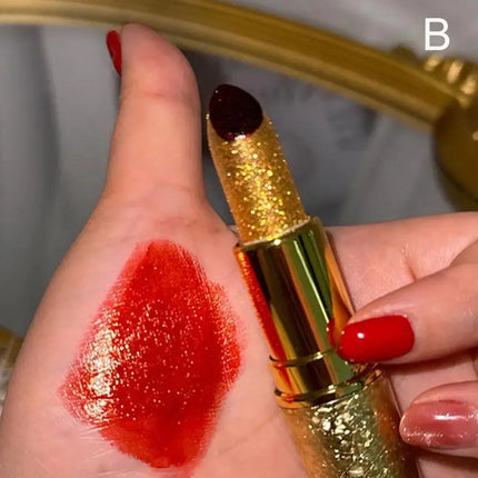 Golden Sparkling Lipstick Moisturizing Glitter Shine, Long Lasting Tomato Red Lip Gloss Makeup Cosmetics
