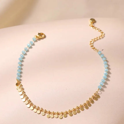 Vintage 18K Gold Plated Tassels Charm Anklet for Women Elegant Summer Beach Boho Light Blue Crystal Beads Chain Vocation Jewelry