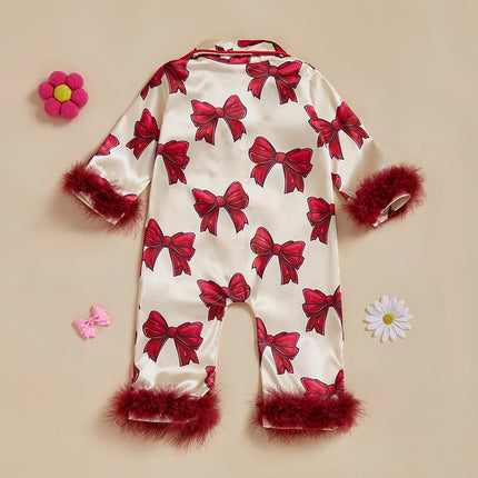 Baby Girls Pajamas Long Sleeve Bow Print Furry Patchwork Button Closure Jumpsuit Sleepwear Loungewear