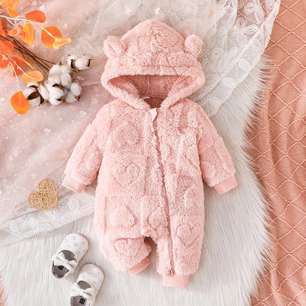 Pudcoco Baby Girls Winter Romper Solid Color Plush Hooded Long Sleeve Jumpsuits for Newborn Infant Toddler Fashion Clothes