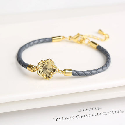 Classic Genuine Leather Woven Natural Stone Five Leaf Flower Charm Bracelet Fashion for Women Girls Party Wedding Jewelry Gift