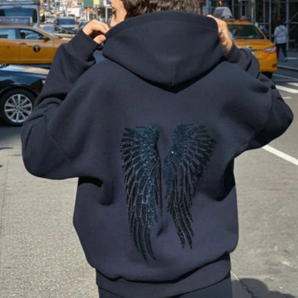 Y2K Retro Wings Sequin Hoodie Angel Wings Ornament Sweatshirt Harajuku Sweet Lady Casual Streetwear Relaxed Fit Pullover Coat