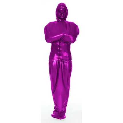 Exotic Wetlook PVC Leather Full Catsuit with Wide Belt Unisex Bondage-Sack Hooded Bodysuit Fetish Sexy Body Bag Sleepsack Custom