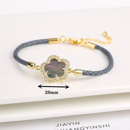 Classic Genuine Leather Woven Natural Stone Five Leaf Flower Charm Bracelet Fashion for Women Girls Party Wedding Jewelry Gift