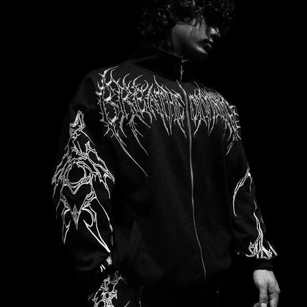 Men's Gothic Streetwear Zip-Up Hoodie Black Edgy Urban Athletic Dark Style Casual Oversized Pullover Sweatshirt with Zipper