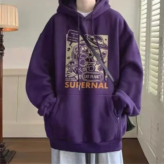 Autumn Cartoon Cat Planet Printed Hoodies Men's Y2K Vintage Purple Hooded Sweatshirts Women Hip Hop Fashion Fleece Hoody Clothes