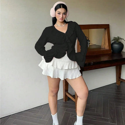 plus Size Women's Pink V-Neck Blouse Elegant French Ruffle Flared Sleeve Sweetheart Bubble Sleeve Casual Chic Top for plus Size