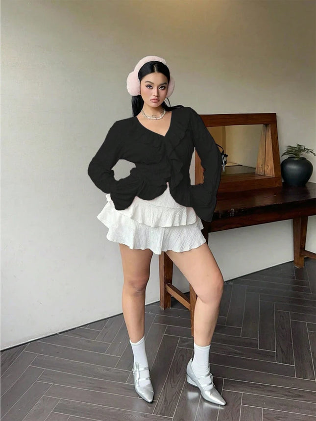 plus Size Women's Pink V-Neck Blouse Elegant French Ruffle Flared Sleeve Sweetheart Bubble Sleeve Casual Chic Top for plus Size