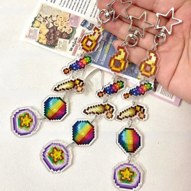 Game Stardew Valley Junimos Stardrop Cosplay Keychain Kawaii Acrylic Pixel Pendant Keyring Key Chain Bag Accessories Gift Prop