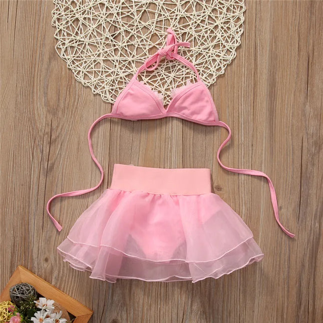 1-6 Years Baby Girls' Solid Pink Hanging-Neck Floral Top, Tutu Skirt with Panty Swimsuits, Summer Beach Bikini Set