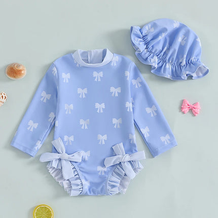 0-3Y Kids Baby Girl Rash Guard Swimsuits Lovely Bow Print Long Sleeve Ruffled Trim Romper Bathing Suit Infants Swimwear with Cap