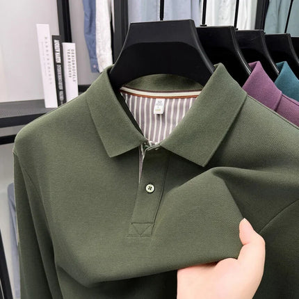 Men's casual long-sleeved pure cotton Polo shirt, new style for autumn, loose fit, pure color, classic, lapel Polo shirt