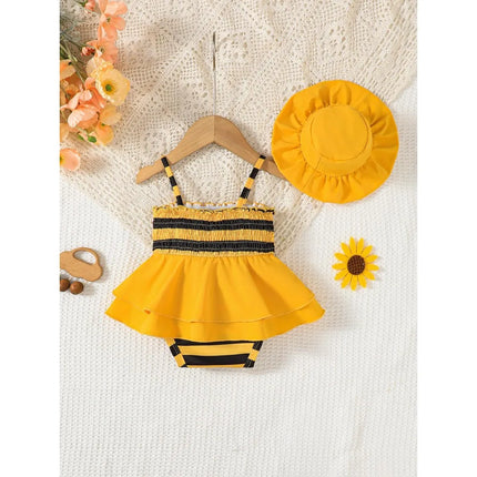 2Pcs Newborn Baby girl Little Bee Suspender Bodysuit+Hat Set for Baby girls 0-18 Months to take full moon Commemorative photos