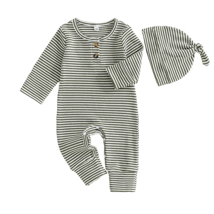 Infant Baby Fall Clothes Romper Stripe Print Long Sleeve Round Neck Full Length Jumpsuit with Hat 2 Pcs Set 0-9m