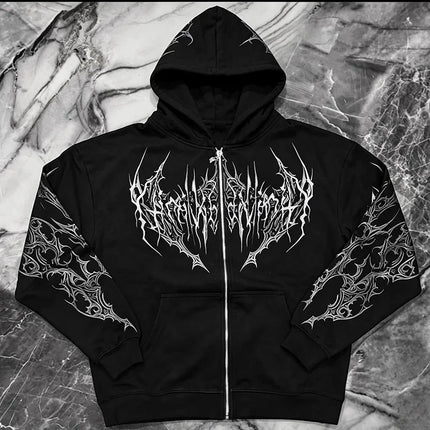 Men Gothic Skull Thorn Graphic Full Zip Up Hoodie Fleece Lined Long Sleeve Winter Punk Goth Streetwear Oversized Sweatshirt