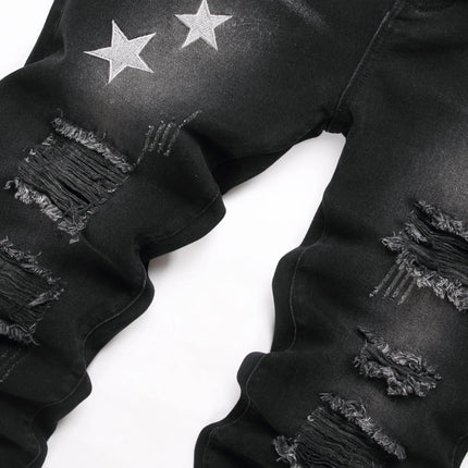 Black Y2K Jeans Mid Rise Straight Leg Man Pants with Silver Star Design Distressed Ripped Denim Clothing Hip Hop Male Streetwear