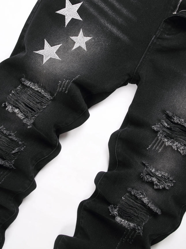 Black Y2K Jeans Mid Rise Straight Leg Man Pants with Silver Star Design Distressed Ripped Denim Clothing Hip Hop Male Streetwear