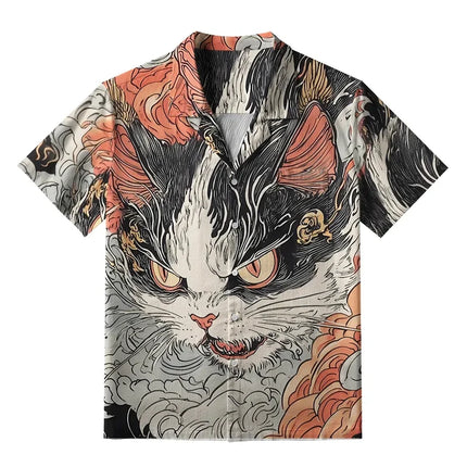 Men's Cat Graphics Shirts Short Sleeved Lapel Japanese Style Shirt For Summer Oversized Tops Vacation Casual Hawaiian Shirts