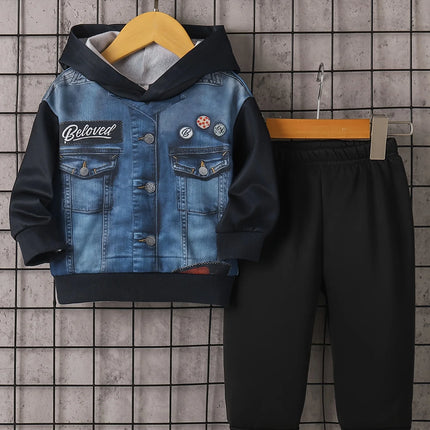 Toddler Boy's Spring and Autumn Outfit: Denim Printed Hoodie + Black Cuffed Pants, Trendy Fake Two-Piece Set for Boys