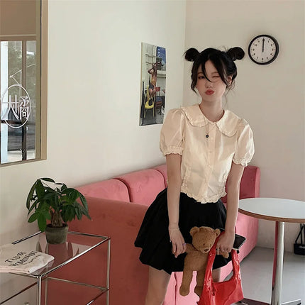 White Doll Collar Bubble Sleeve Shirt Women's Summer 2025 New Design Sweet Short Style Top Polyester Fabric Pure Color Fresh...