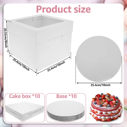 10Pcs White Bakery Boxes with Window, 12 X 12 X 8 Inches, Fold Cake Boxes Treat Boxes for Cookies, Pastry, Macarons Party Favor