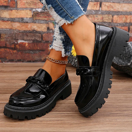Women's Platform Loafers with Chain Decor Fashion Preppy Style Dress Shoes Woman Patent Leather Slip On Ladies Flats Plus Size