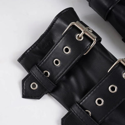Punk Street Style Spice Girl Turtleneck Metal Buckle PU Leather Vest Slim Fit Sexy Short Sleeveless Top
