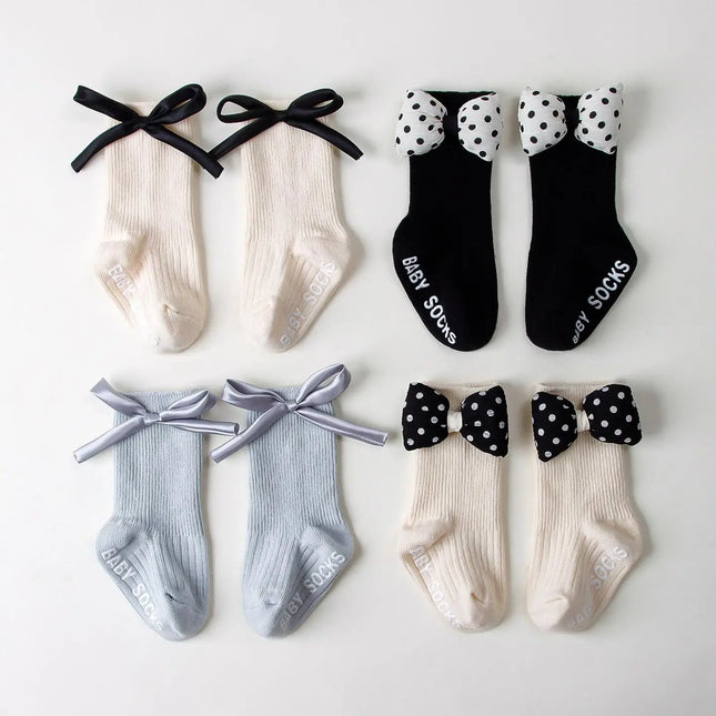 1/4pairs 0-2Y Cute Baby Girls' Cotton Mid-calf Socks Solid Bowknot Non-slip Sockens Toddler Kids Spring & Autumn Newborn Socks