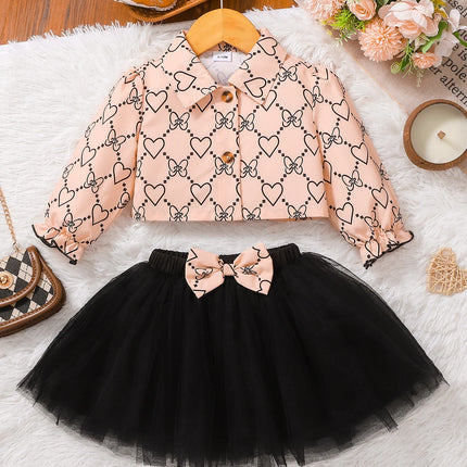 Baby Girl Casual Spring Autumn Heart Print Top + Black Tulle Skirt Two-Piece Set Infant Clothing Outfit