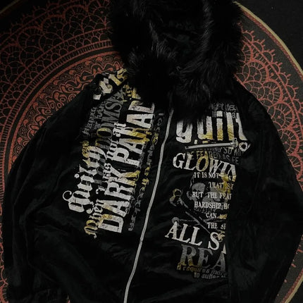 Harajuku Oversized Letter Printing Plus Velvet Padded Hooded Sweater Women Y2K Rock  Vintage Casual Street Joker Sweatshirt