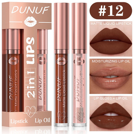 DUNUF Lip Gloss And Lip Oil Set 2-Piece Long-Lasting Waterproof Matte Moisturizing Non-Fading Lipstick Collection