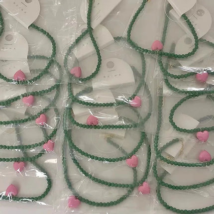 New Trend Vintage Resin Acrylic Pink Love Heart Green Beaded Necklace for Women Aesthetic Jewelry Fashion Neck Accessories