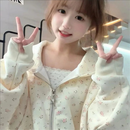 2025 New Sweet Floral Prints Zipper Hooded Hoodie Spring And Autumn Dressing Up Collection Casual Fashion Trends Versatile