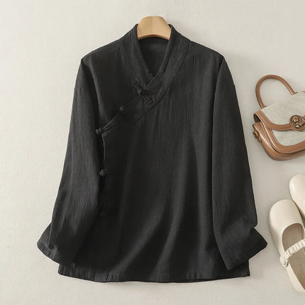 Loose Fit Long Sleeve Shirt New Autumn 2025 Chinese Style Button Zen Study Robe Tea Ceremony Side Buttoned Cotton Linen Shirt