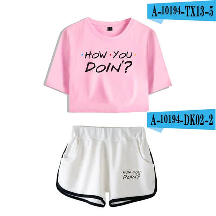 Fashion Youthful Trendy Show I'll Be There for You Short Sleeve Shorts+lovely T-shirts Dew navel Girl suits Two Piece Set