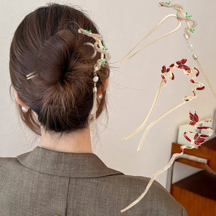 Serpentine U-Shaped Hair Stick Hairpin Snake Butterfly Tassel Hair Stick New Coiled Hair Alloy Women Jewelry Hair Accessories