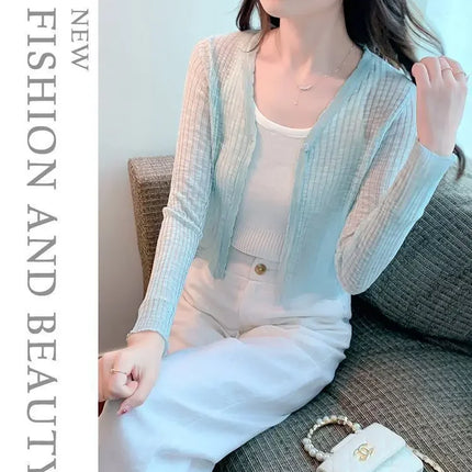Slim Fit Knitted Long Sleeve Short Cardigan Women's Summer New Style Korean Version Thin Outerwear Pure Color Sun Protection Shi
