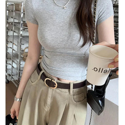 American style spicy girl shoulder T-shirt for women in summer 2025, tight fitting and slimming short top, basic elastic short s