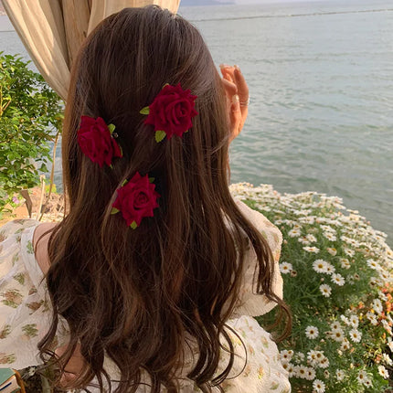 U Shaped Red Hairpins Hair Clips Wedding Hair Accessories For Women Rose Flower Headpieces Forks Bride Headdress Hair Jewelry