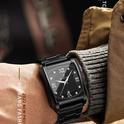BINBOND Luxury Quartz Watch for Men Golden Square Large Dial 30M Waterproof Leather Strap Wrist Watches Date Display Men's Watch