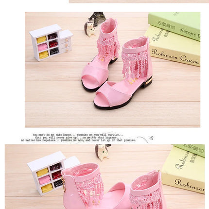 3 5 9 10 12 Years Kids Bow Sandals Children Girls Summer Cute Sandals Beach 2021 Princess Fashion High Heels Tassel School Shoes