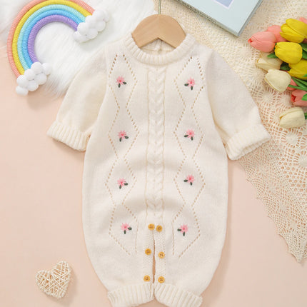 Baby's Sweet and Cute Floral Embroidered Long-Sleeved Warm and Comfortable Knitted One-Piece Crawling Suit
