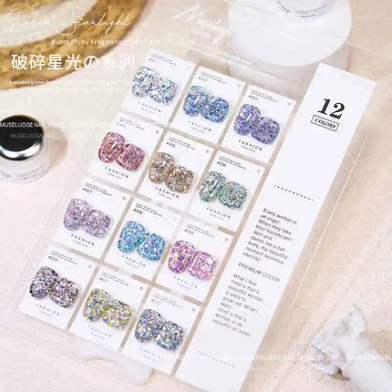 MUSELUOGE 12color Broken Starlight Glitter Gel Nail Polish Explosion-flash Semi Permanent Soak Off UV Nail Gel For Nail Salon