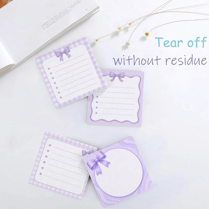 4Pcs Purple Bow Sticky Notes 3x3 Inch, 200 Sheets Cute Checklist Self Stick Memo Pads, Lined Square Notepad with Removable