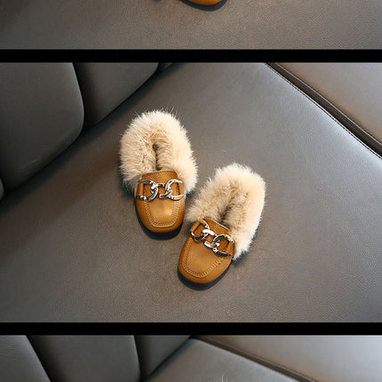 Kids Fur Shoes Children Velvet Shoes Baby Girls Warm Flats Toddler Black Brand Shoes Princess Loafer Chain Moccasin For Winter