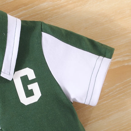 A Two-Piece Pair Of Summer Baby Boy Sports Letter Print Patchwork Lapel Top And Casual Color-Blocking Shorts
